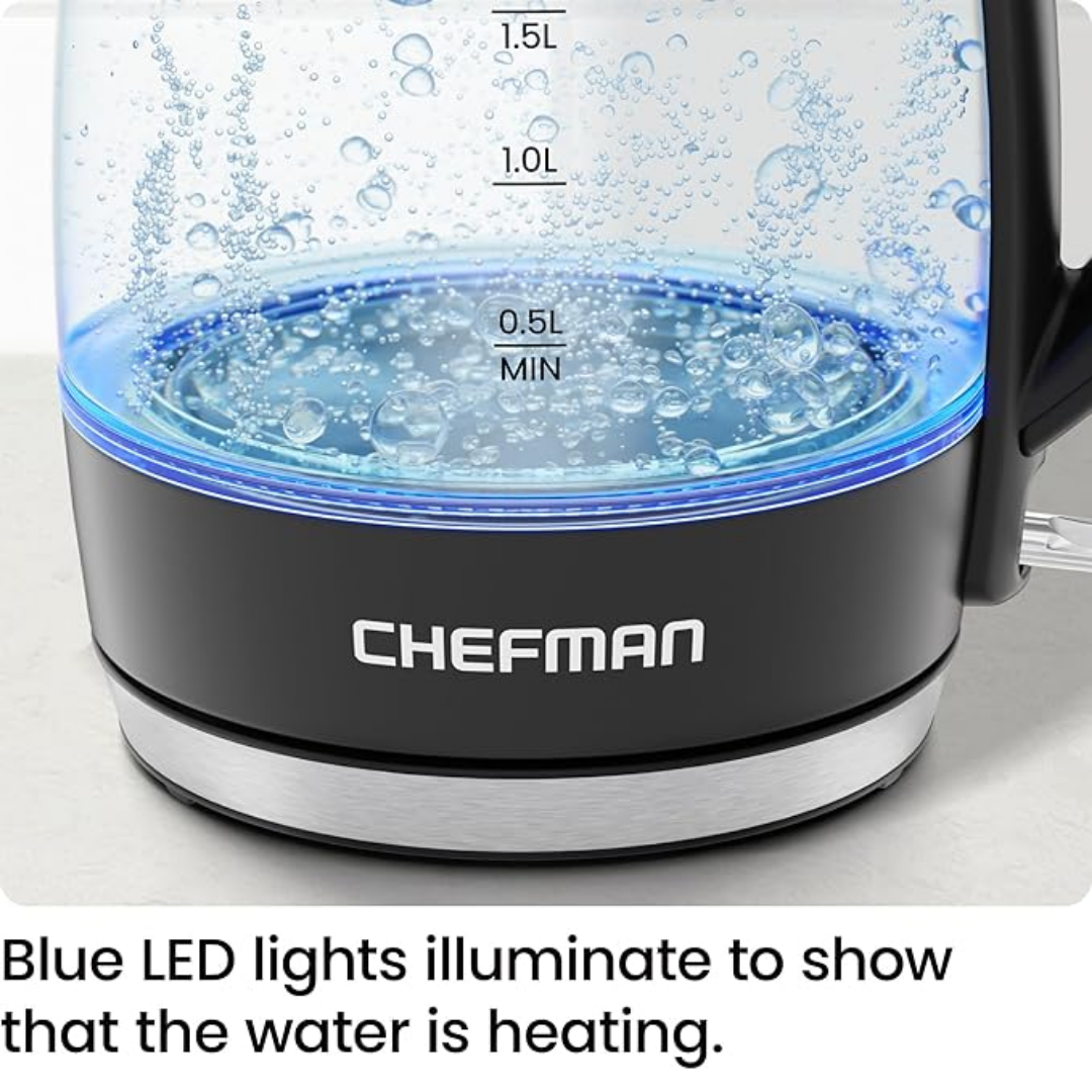 Chefman 1.8L Glass Electric Kettle – 1500W Fast Boil, Auto Shut-Off, BPA-Free