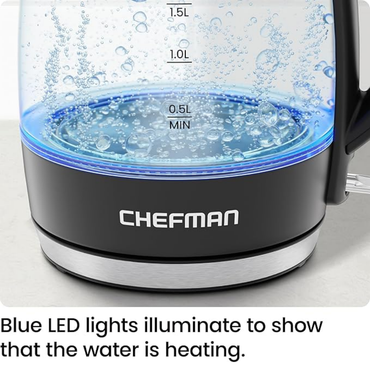 Chefman 1.8L Glass Electric Kettle – 1500W Fast Boil, Auto Shut-Off, BPA-Free