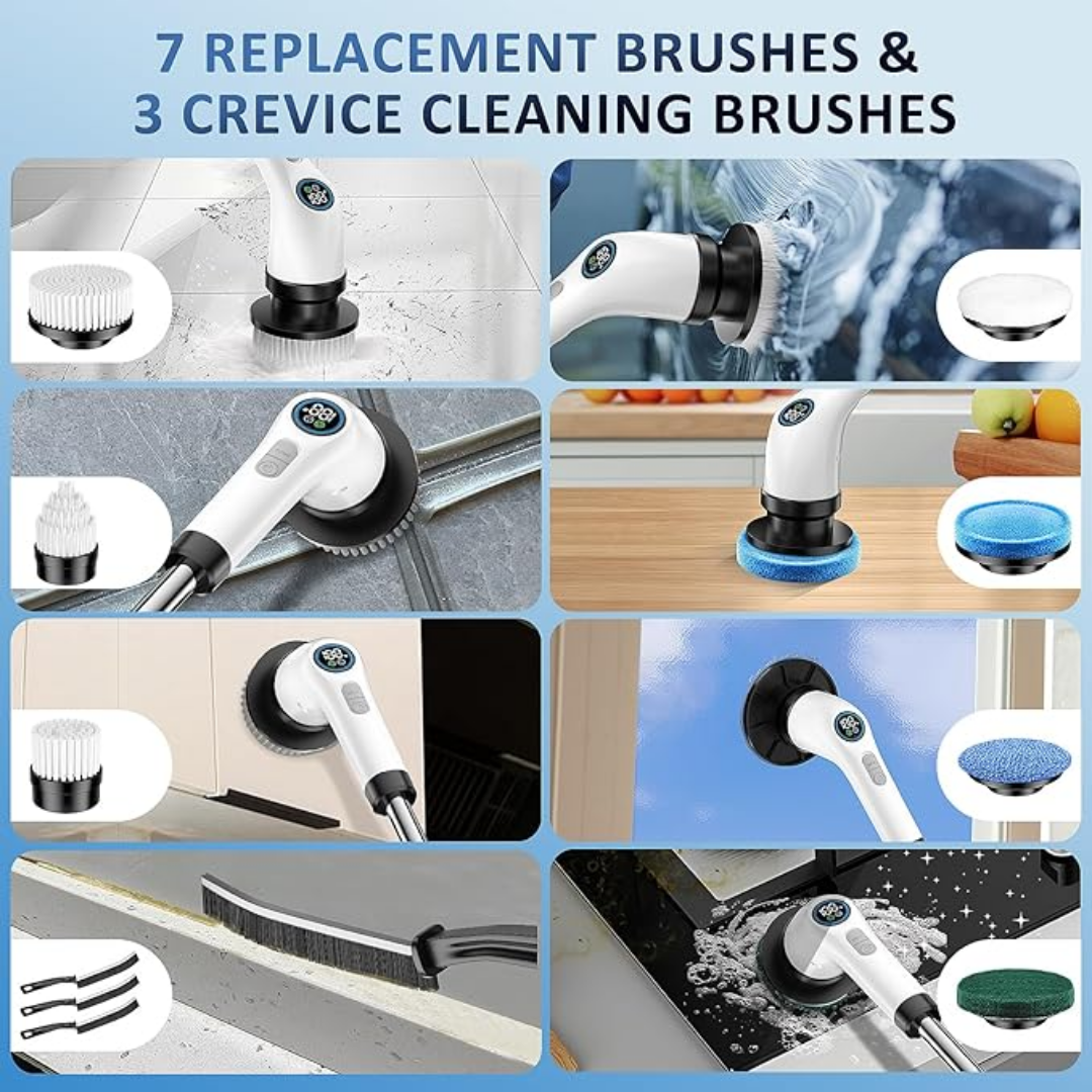 Cordless Electric Spin Scrubber – 8 Brush Heads, Adjustable Handle, Dual-Speed (White)
