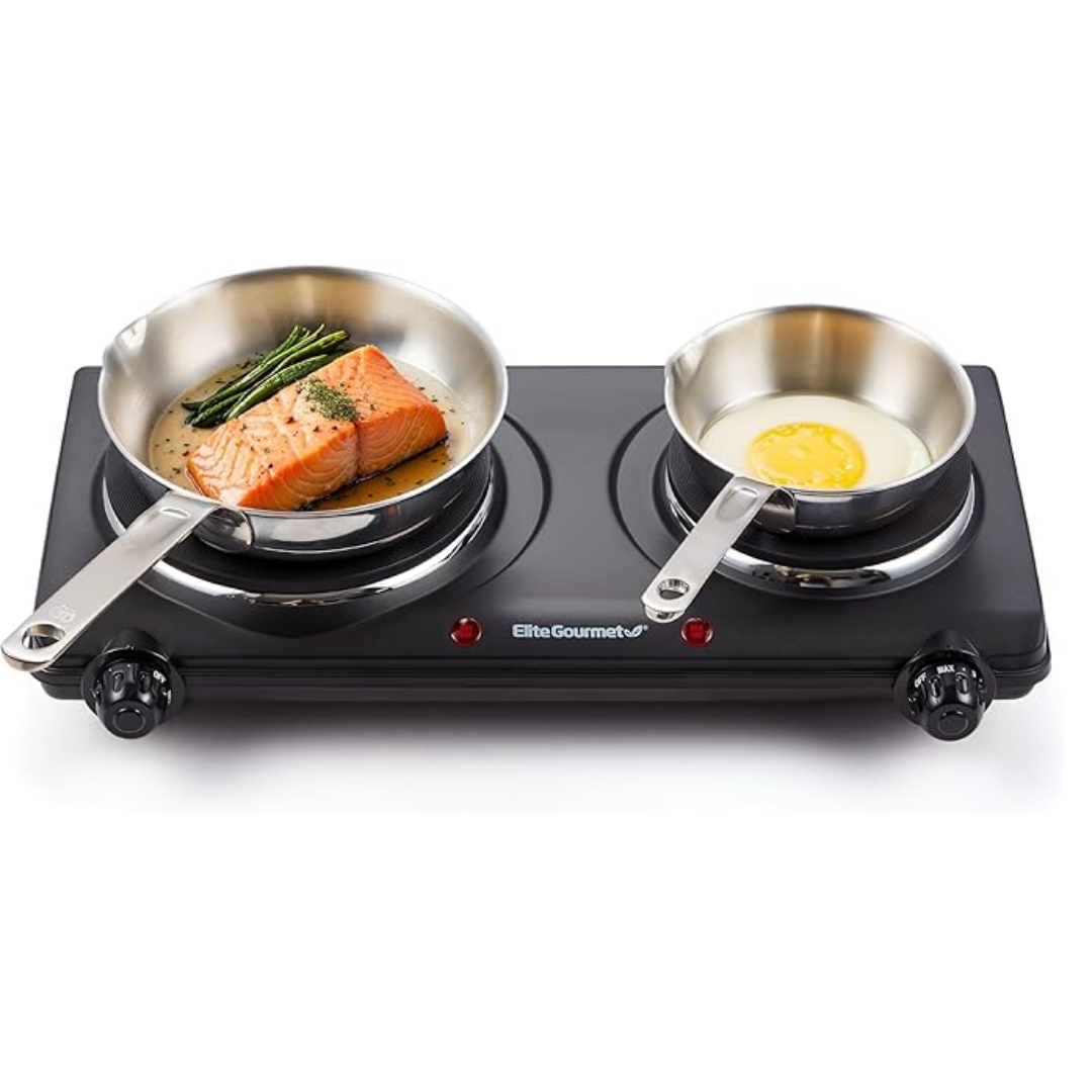 Elite Gourmet Double Cast Iron Burner – 1500W Electric Hot Plate, Adjustable Temp (Black)