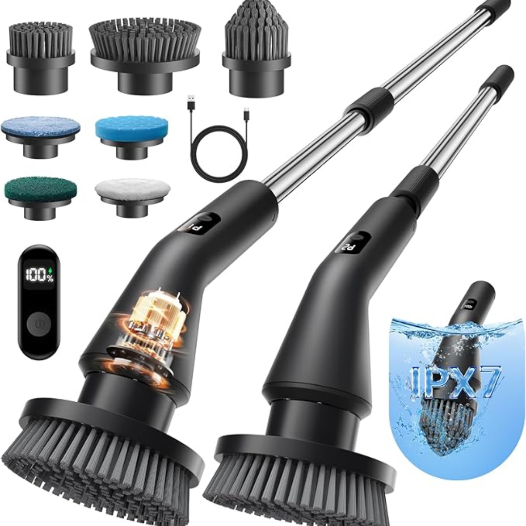 Leebein Cordless Spin Scrubber – 7 Brush Heads, Extendable Handle, 2 Speeds (IPX7 Waterproof)
