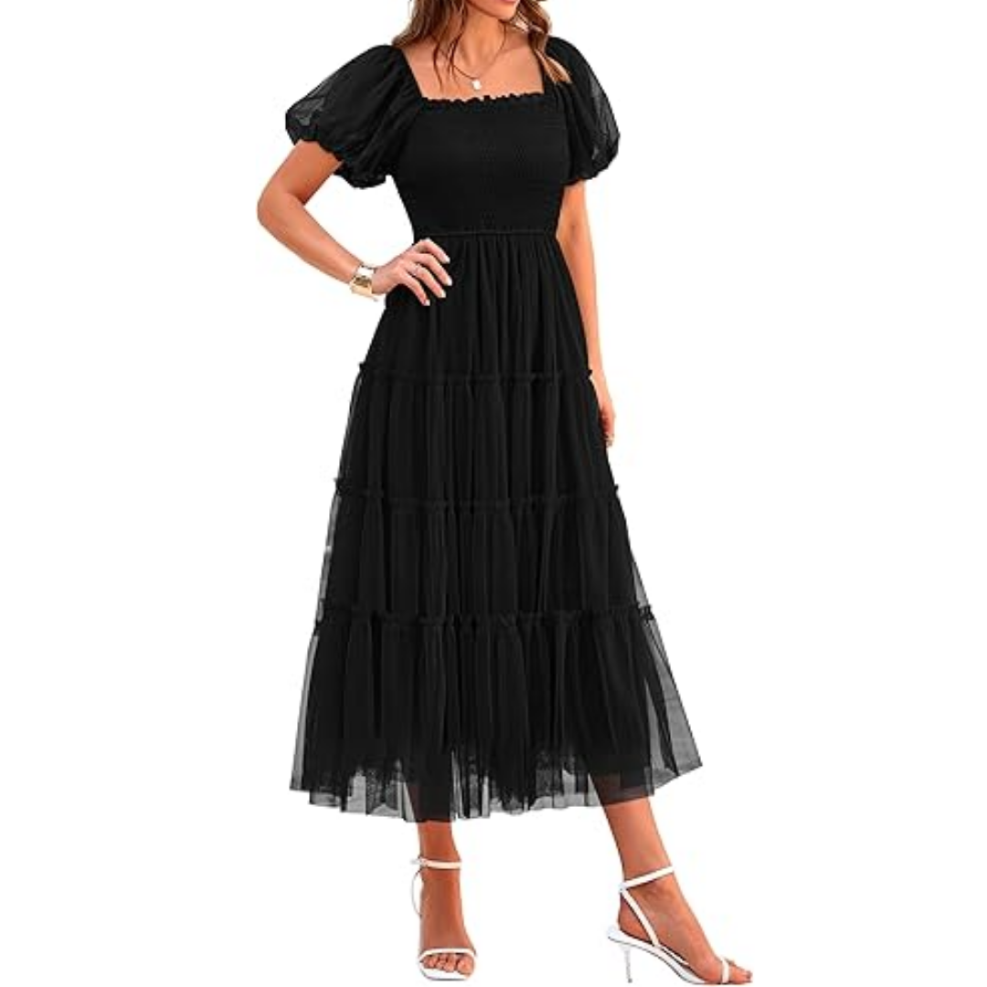 Women’s Summer Tulle Party Dress – Smocked Midi, Square Neck (2025)