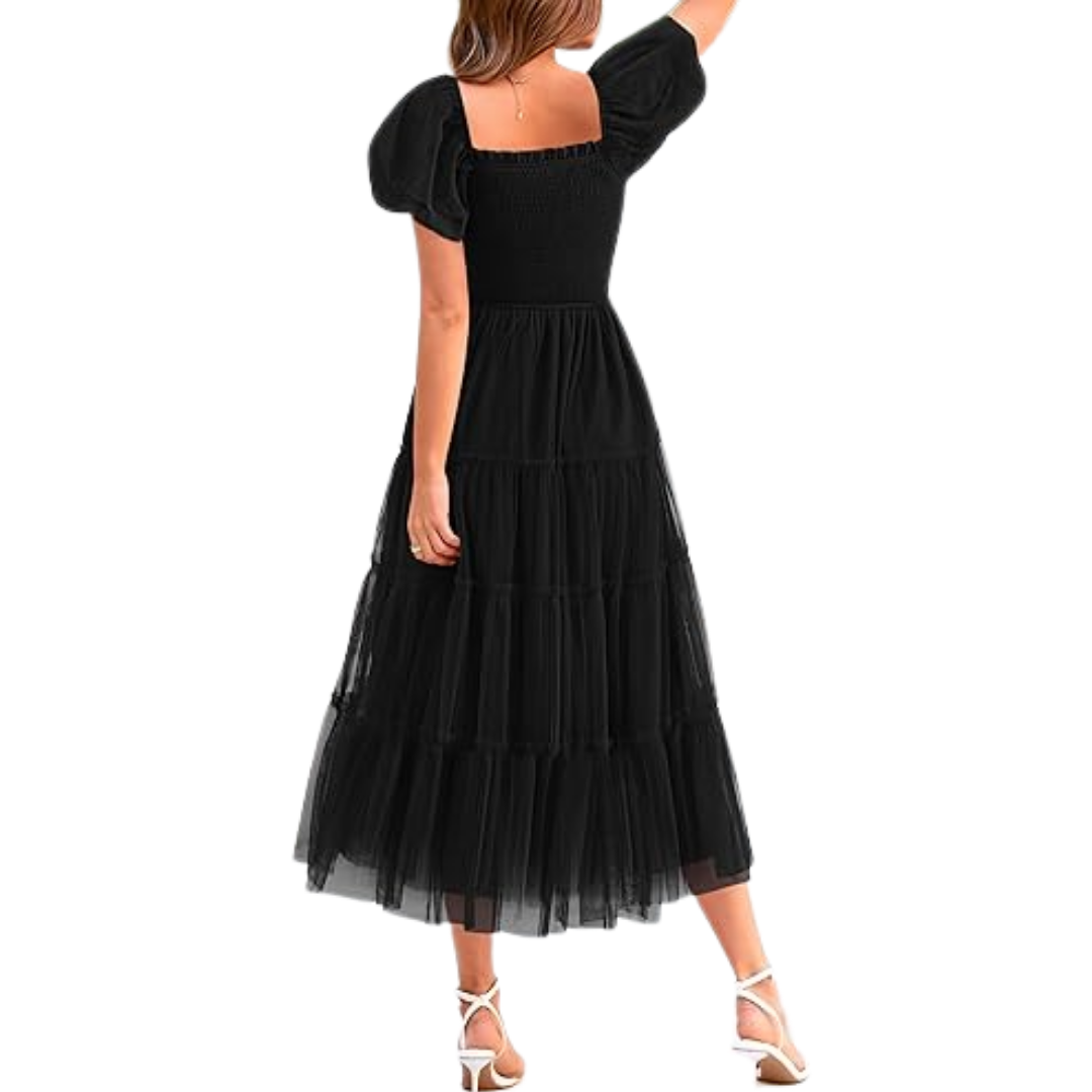 Women’s Summer Tulle Party Dress – Smocked Midi, Square Neck (2025)