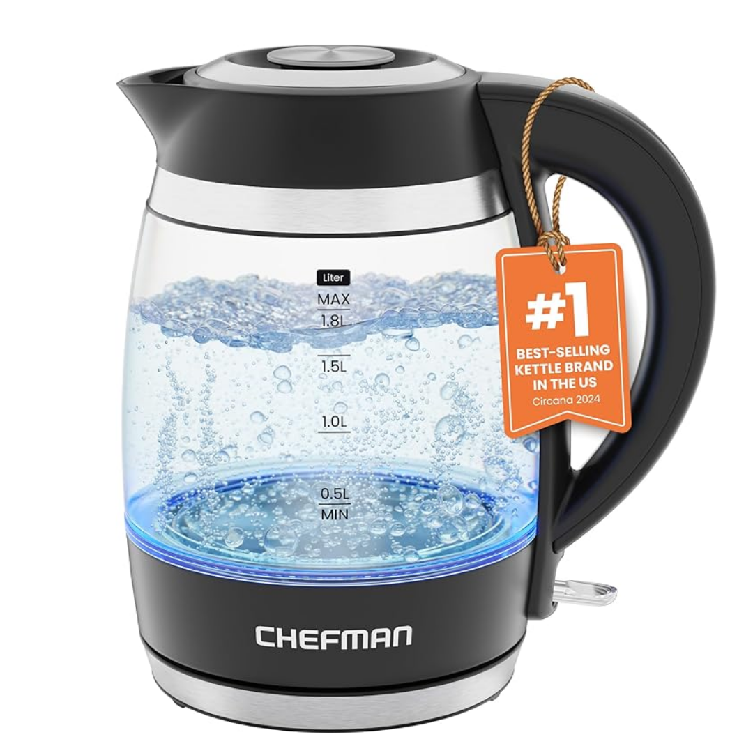 Chefman 1.8L Glass Electric Kettle – 1500W Fast Boil, Auto Shut-Off, BPA-Free