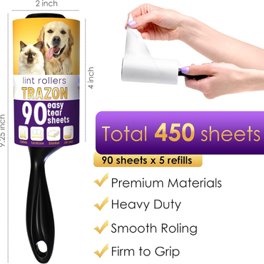450-Sheet Pet Hair Lint Roller Value Pack – 5 Refills for Furniture & Clothes